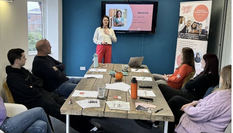 Kayley Wilson of Change it up presenting her specialist menopause training workshop to a tech company in Cheshire.